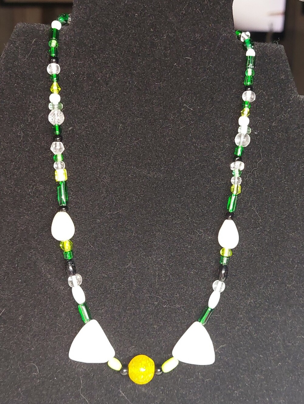 Handmade Green and White Glass Beaded Necklace with Yellow Accent 16 Inch Choker